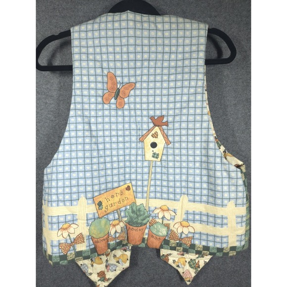 VTG 90s Quilted Reversible Vest Gardening Angel Cat Herb Garden‎ Folk Art L - Picture 4 of 10